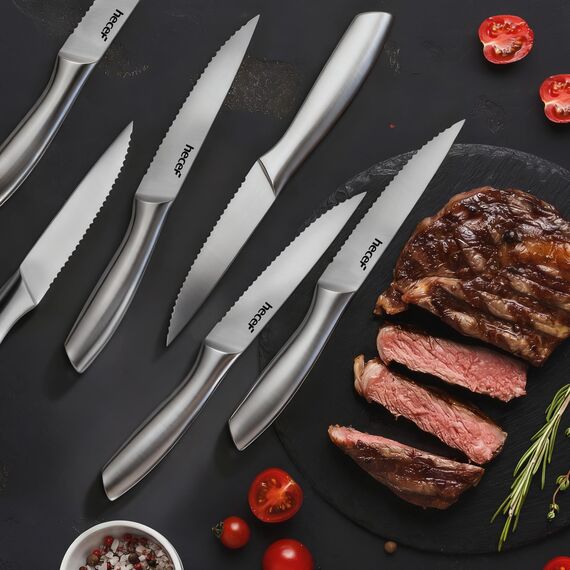 hecef Steakmesser Set 6-teilig, scharfe Tafelmesser mit Wellenschliff und ergonomischem Hohlgriff, kleine Messer aus Edelstahl für Steak und Brot, Klinge 12,7 cm, silber