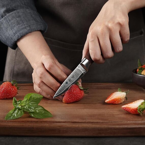 Wakoli EDIB 4er Damastmesser Set mit Gravur – Personalisiertes Küchenmesser Set, Santoku, Fleischmesser, kleines Santoku & Officemesser, 67 Lagen Damaststahl, Pakkaholzgriff, Geschenkbox