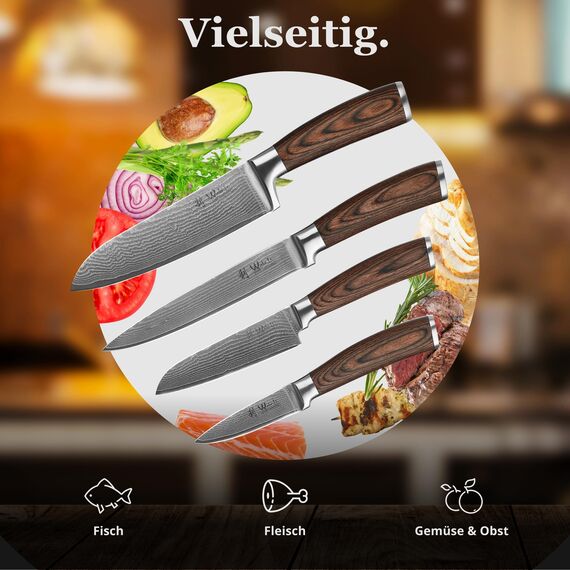 Wakoli EDIB 4-teiliges Damastmesser Set mit magnetischem Messerblock aus Akazienholz – Scharfe Küchenmesser mit 67 Lagen VG10 Stahl – Kochmesser für Hobbyköche & Profis – Geschenkbox enthalten