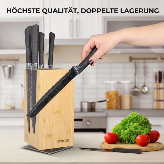 Exitoso Messerblock aus Bambus (ohne Messer) | Messerhalter 360° drehbar, außen magnetisch & mit Borsteneinsatz | Messerblock für Küchenmesser & Kochmesser | Sichere Messeraufbewahrung
