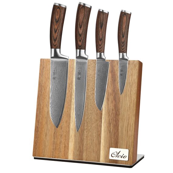 Wakoli EDIB 4-teiliges Damastmesser Set mit magnetischem Messerblock aus Akazienholz – Scharfe Küchenmesser mit 67 Lagen VG10 Stahl – Kochmesser für Hobbyköche & Profis – Geschenkbox enthalten