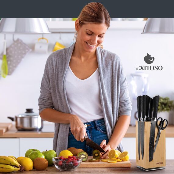 Exitoso Messerblock aus Bambus (ohne Messer) | Messerhalter 360° drehbar, außen magnetisch & mit Borsteneinsatz | Messerblock für Küchenmesser & Kochmesser | Sichere Messeraufbewahrung