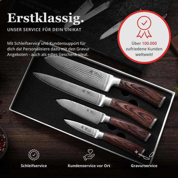 Wakoli EDIB 4-teiliges Küchenmesser Set aus Damaststahl (VG10 Kern) in edler Geschenkbox – Scharfes Damastmesser Set mit Pakkaholzgriffen – Messerset mit 2x Santoku, Fleischmesser & Officemesser