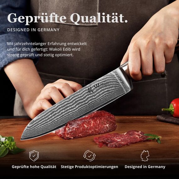 Wakoli EDIB 4-teiliges Küchenmesser Set aus Damaststahl (VG10 Kern) in edler Geschenkbox – Scharfes Damastmesser Set mit Pakkaholzgriffen – Messerset mit 2x Santoku, Fleischmesser & Officemesser