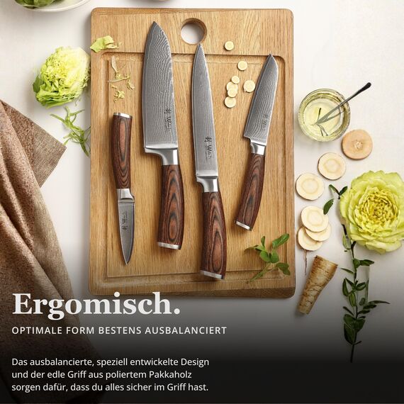 Wakoli EDIB 4-teiliges Damastmesser Set mit magnetischem Messerblock aus Akazienholz – Scharfe Küchenmesser mit 67 Lagen VG10 Stahl – Kochmesser für Hobbyköche & Profis – Geschenkbox enthalten