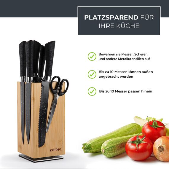 Exitoso Messerblock aus Bambus (ohne Messer) | Messerhalter 360° drehbar, außen magnetisch & mit Borsteneinsatz | Messerblock für Küchenmesser & Kochmesser | Sichere Messeraufbewahrung