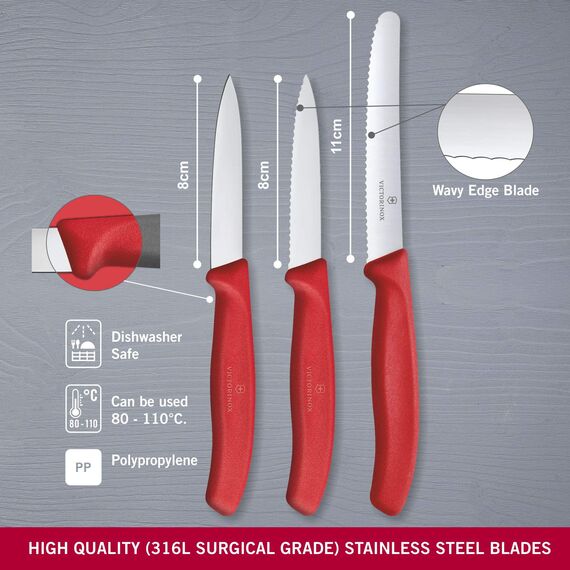 Victorinox Swiss Classic, Küchenmesser Set, 3teilig, Gemüse-, Tomaten- und Frühstücksmesser, Robuster Kunststoffgriff, Rostfreier Stahl, Rot