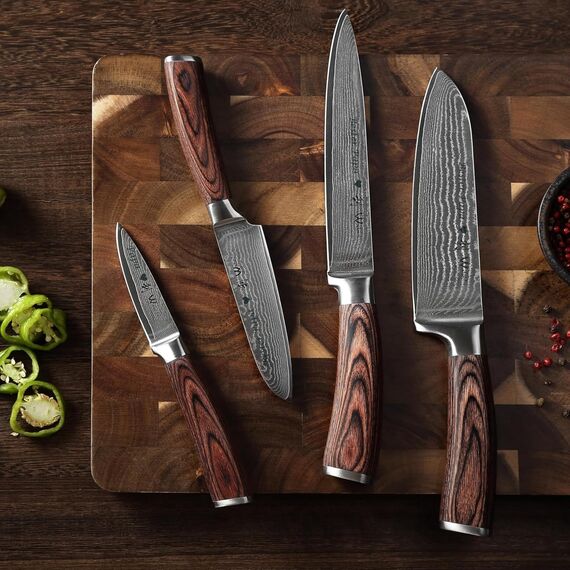 Wakoli EDIB 4er Damastmesser Set mit Gravur – Personalisiertes Küchenmesser Set, Santoku, Fleischmesser, kleines Santoku & Officemesser, 67 Lagen Damaststahl, Pakkaholzgriff, Geschenkbox