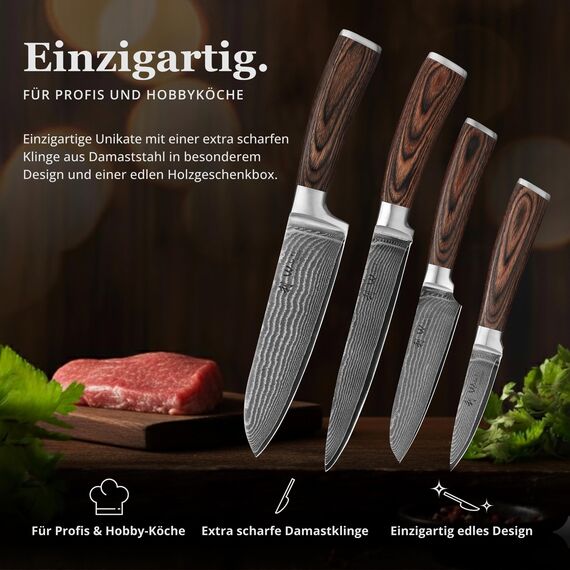 Wakoli EDIB 4-teiliges Küchenmesser Set aus Damaststahl (VG10 Kern) in edler Geschenkbox – Scharfes Damastmesser Set mit Pakkaholzgriffen – Messerset mit 2x Santoku, Fleischmesser & Officemesser
