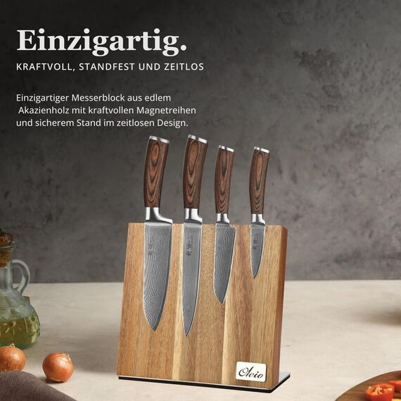 Wakoli EDIB 4-teiliges Damastmesser Set mit magnetischem Messerblock aus Akazienholz – Scharfe Küchenmesser mit 67 Lagen VG10 Stahl – Kochmesser für Hobbyköche & Profis – Geschenkbox enthalten