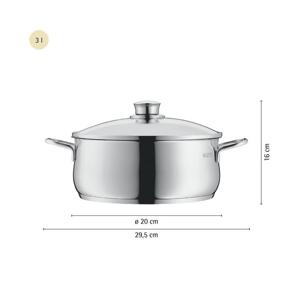 WMF Diadem Plus Kochtopf 20 cm, Glasdeckel, Topf 20cm, Bratentopf Induktion 3l, Kochtopf groß Cromargan Edelstahl poliert, Nudeltopf unbeschichtet