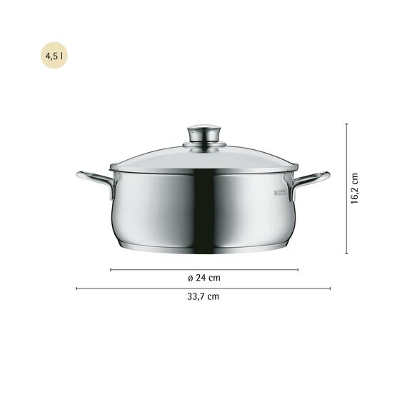 WMF Diadem Plus Kochtopf Ø 24 cm groß, Bratentopf mit Glasdeckel, Kochtopf Induktion, spülmaschinengeeignet, 4,5l, für alle gängigen Herdarten geeignet, Cromargan Edelstahl poliert, unbeschichtet