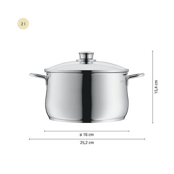 WMF Diadem Plus Kochtopf klein 16 cm, Glasdeckel, Fleischtopf Induktion 2l, Cromargan Edelstahl poliert, unbeschichtet