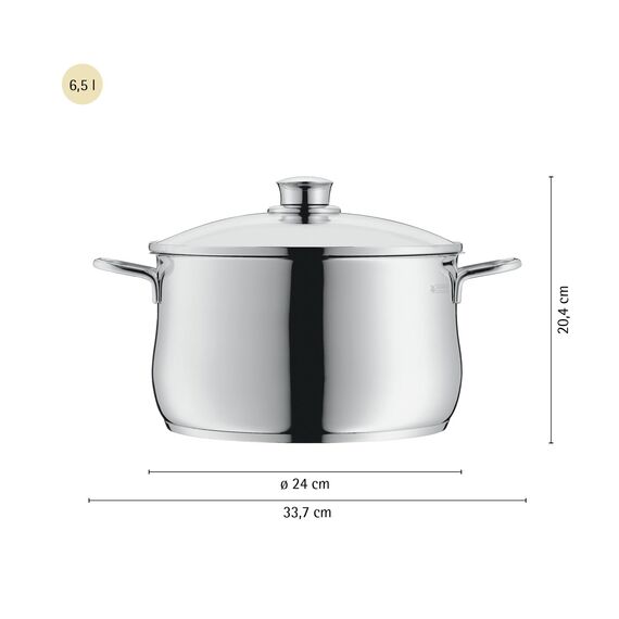 WMF Diadem Plus Kochtopf 24 cm mit Glasdeckel, Kochtopf Induktion 6,5l, Cromargan Edelstahl Topf poliert, unbeschichtet, spülmaschinengeeignet, für alle Herdarten geeignet