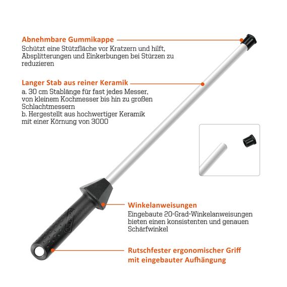 Sharpeak Gesamt 45 cm/Stangen 30 cm Keramik-Wetzstahl mit eingebauter Winkelführung und Anti-Bruch-Kappe, Keramik wetzstab Wetzstähle für messer, Schleifstab, Keramik Messerschärfer stab, Messerstahl