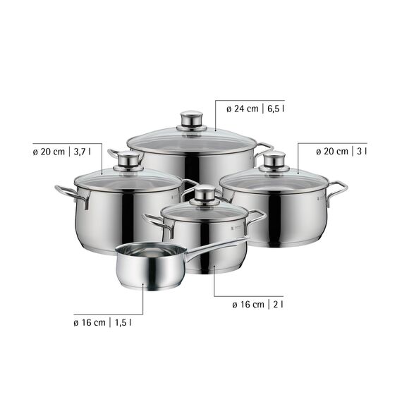 WMF Diadem Plus Topfset Induktion 5-teilig, Kochtopf Set mit Glasdeckel, Cromargan Edelstahl poliert, Induktions Töpfe Set unbeschichtet