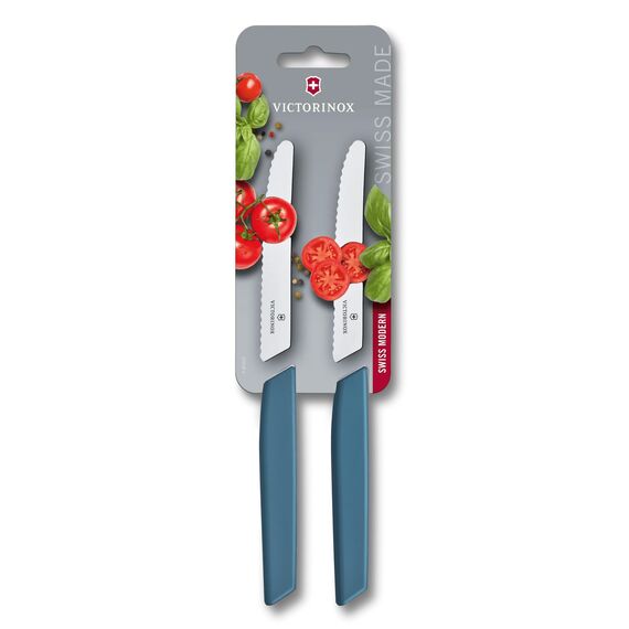 Victorinox Swiss Modern Brotzeitmesser-Set, 2-teilig, Extra Scharfe Klinge, Wellenschliff, 11 cm, Kunststoffgriff, Rostfreier Stahl, blau
