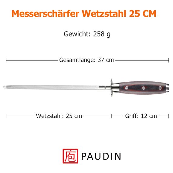 PAUDIN Wetzstahl 25 cm, Profi Messerschärfer Wetzstahl für Messer – aus gehärtetem Spezialstahl mit Holzgriff, Premium Messer Schleifen für Langanhaltende Schärfe