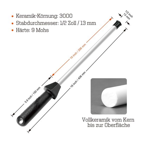 SHARPAL 118H Professioneller Keramik-Schärfstab Küchenmesser-Schärfstab mit bruchsicherer Kappe Eingebaute Winkelführung