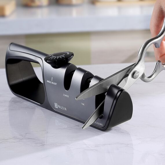 PAUDIN Messerschärfer, 3 stufiges manuelles professionelles Messerschärkungswerkzeug mit Griff, gezüchtete Messer und Schere, bequem zur Wiederherstellung und für stumpfe Klingen polieren