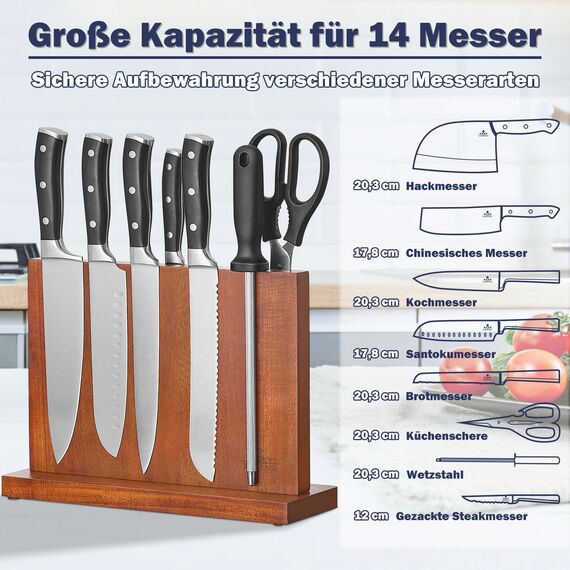 ENOKING Messerblock Magnetisch, Extrastarker Doppelseitiger messerhalter magnetisch, Natürlicher Akazienholz magnetischer messerblock Ohne Messer-Stilvolles und Platzsparend