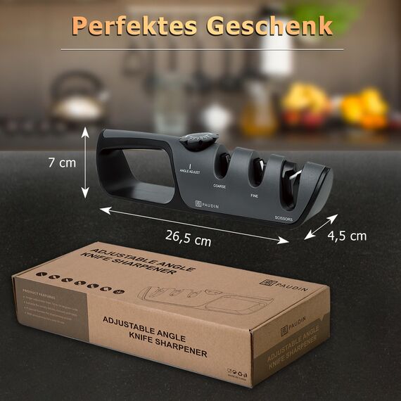 PAUDIN Messerschärfer, 3 stufiges manuelles professionelles Messerschärkungswerkzeug mit Griff, gezüchtete Messer und Schere, bequem zur Wiederherstellung und für stumpfe Klingen polieren