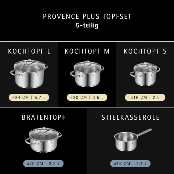 WMF Provence Plus Topfset Induktion 5-teilig, Kochtopf Set mit Glasdeckel, Cromargan Edelstahl poliert, Töpfe Set unbeschichtet