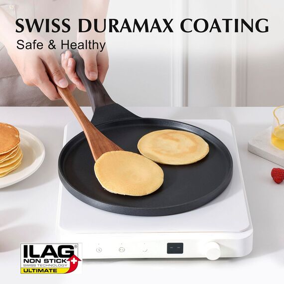 SENSARTE Schwarze Crepe Pfanne 30cm Antihaftpfanne Omlettpfanne Pfannkuchen flache Pfanne mit Schweizer Granit Antihaftversiegelung, Bakelitegriff, Induktions Kompatibel, PFOA PFOS Frei