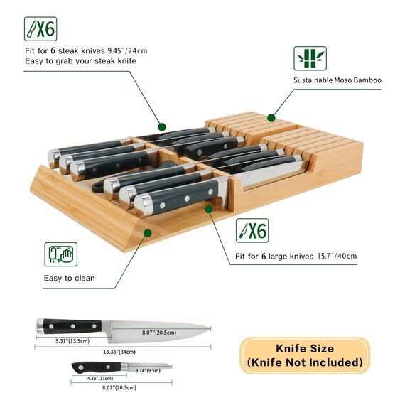 Utoplike Messerblock aus Bambus, Küchenmesser, Schublade, Organizer, großer Griff, Steakmesserhalter (ohne Messer), Aufbewahrung für 12 Messer