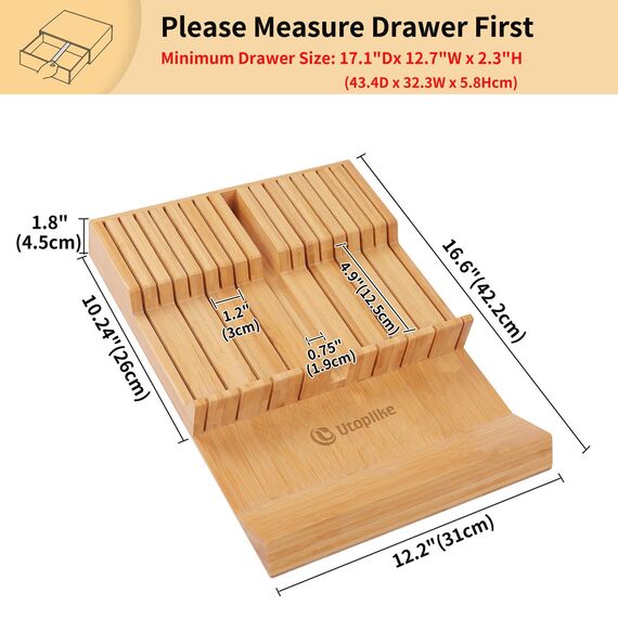 Utoplike Messerblock für die Schublade Bambus-Küchenmesser-Schubladenorganizer groß, mit Griff Steakmesserhalter ohne Messer, passend für 16 Messer und 1 Wetzstahl