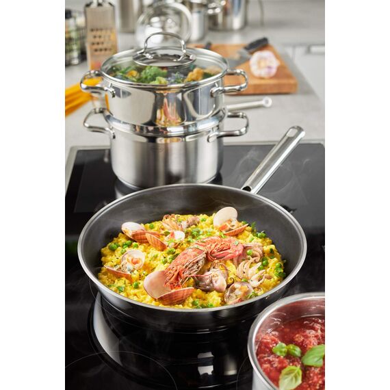 RÖSLE ELEGANCE Bratpfannen-Set 3-tlg., Hochwertige Universalpfannen mit robuster Antihaftversieglung ProPlex, 20 cm, 24 cm und 28 cm, Edelstahl 18/10, Induktionsgeeignet, spülmaschinengeeignet