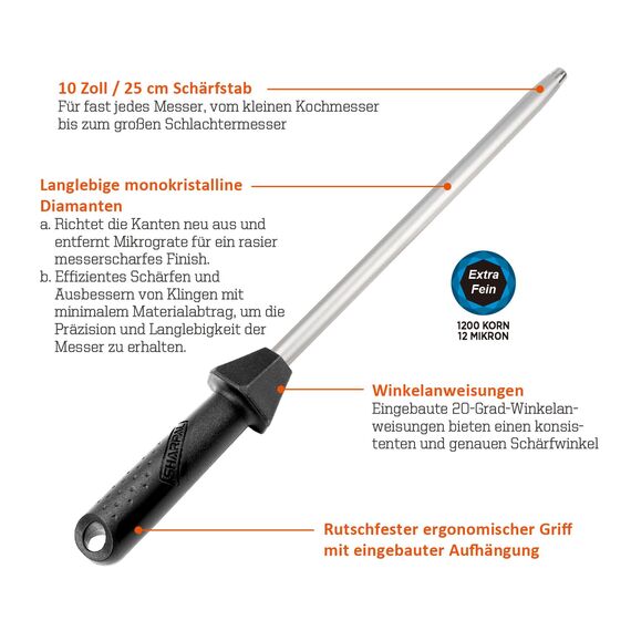 SHARPAL 119N Diamant-Schärfer aus massivem Stahl für Messer, Klingenschärfer, Honstab, professionelle Küchen-Koch-Stick