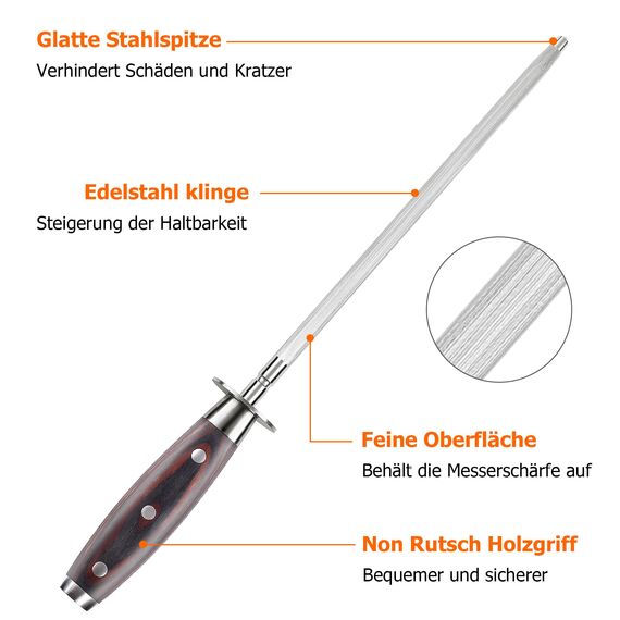 PAUDIN Wetzstahl 25 cm, Profi Messerschärfer Wetzstahl für Messer – aus gehärtetem Spezialstahl mit Holzgriff, Premium Messer Schleifen für Langanhaltende Schärfe