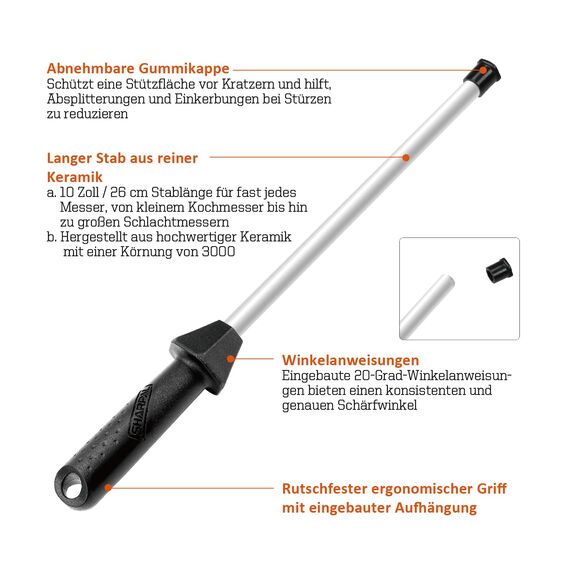 SHARPAL 118H Professioneller Keramik-Schärfstab Küchenmesser-Schärfstab mit bruchsicherer Kappe Eingebaute Winkelführung