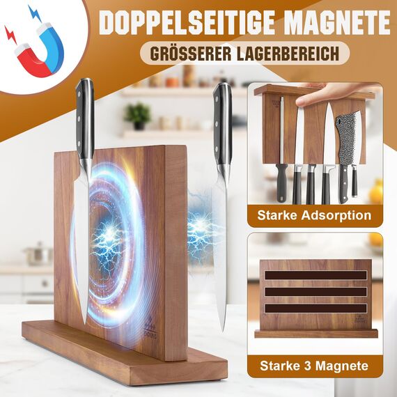 ENOKING Spitzenklasse Plus Messerblock Magnetisch Ohne Messer 38.6 x 23 cm, Doppelseitiger Magnet Messerhalter aus Akazienholz, Magnetischer Messerblock für Besteck-Display und Aufbewahrung