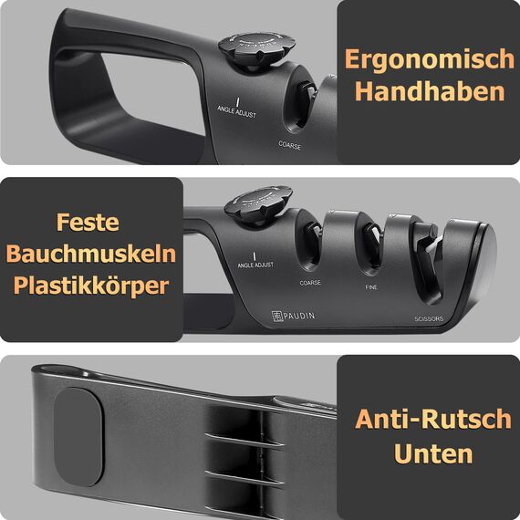 PAUDIN Messerschärfer, 3 stufiges manuelles professionelles Messerschärkungswerkzeug mit Griff, gezüchtete Messer und Schere, bequem zur Wiederherstellung und für stumpfe Klingen polieren