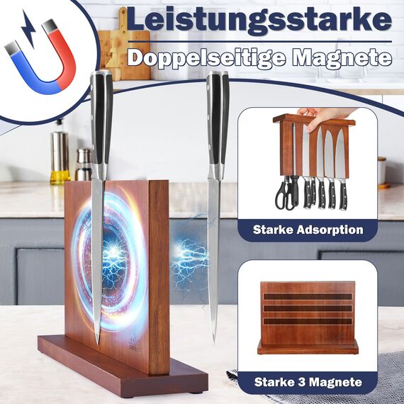 ENOKING Messerblock Magnetisch, Extrastarker Doppelseitiger messerhalter magnetisch, Natürlicher Akazienholz magnetischer messerblock Ohne Messer-Stilvolles und Platzsparend