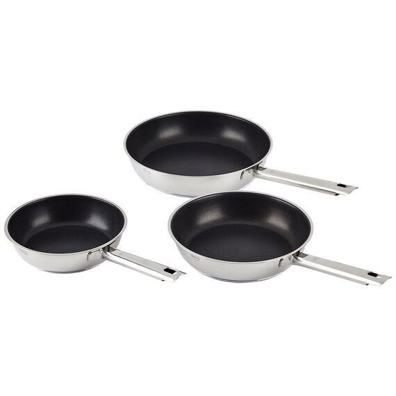 RÖSLE ELEGANCE Bratpfannen-Set 3-tlg., Hochwertige Universalpfannen mit robuster Antihaftversieglung ProPlex, 20 cm, 24 cm und 28 cm, Edelstahl 18/10, Induktionsgeeignet, spülmaschinengeeignet