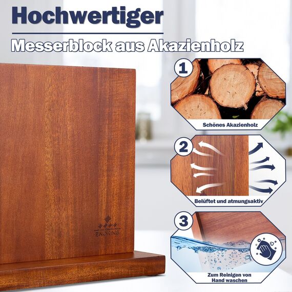 ENOKING Messerblock Magnetisch, Extrastarker Doppelseitiger messerhalter magnetisch, Natürlicher Akazienholz magnetischer messerblock Ohne Messer-Stilvolles und Platzsparend