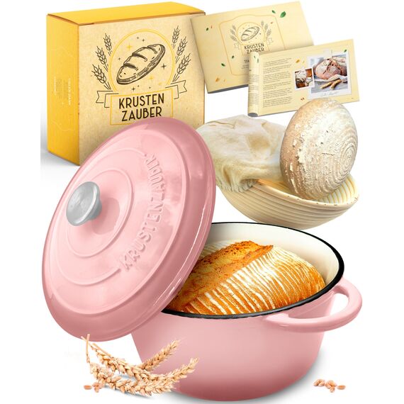 KRUSTENZAUBER Gusseisen Topf Brot backen emailliert inkl. Gärkorb - 26cm Emaille-Topf samt Zubehör - Ideal als Brotbacktopf, Brottopf, Brotbackform mit Deckel, Gusseisentopf Brotbacken, Schmortopf