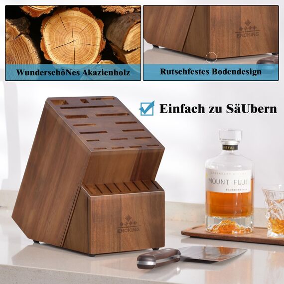 ENOKING Messerblock ohne Messer, 25 Schlitze Messerblöcke aus Akazienholz für die Küchenmessern, Hochwertiges Messerblock für Messer und Geflügelschere/Wetzstahl