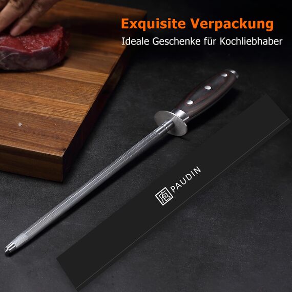 PAUDIN Wetzstahl 25 cm, Profi Messerschärfer Wetzstahl für Messer – aus gehärtetem Spezialstahl mit Holzgriff, Premium Messer Schleifen für Langanhaltende Schärfe