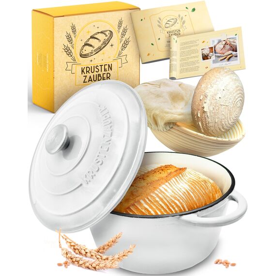 KRUSTENZAUBER Gusseisen Topf Brot backen emailliert inkl. Gärkorb - 26cm Emaille-Topf samt Zubehör - Ideal als Brotbacktopf, Brottopf, Brotbackform mit Deckel, Gusseisentopf Brotbacken, Schmortopf