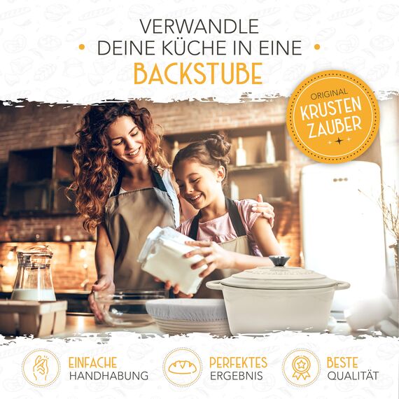 KRUSTENZAUBER Gusseisen Topf Brot backen emailliert inkl. Gärkorb - 26cm Emaille-Topf samt Zubehör - Ideal als Brotbacktopf, Brottopf, Brotbackform mit Deckel, Gusseisentopf Brotbacken, Schmortopf