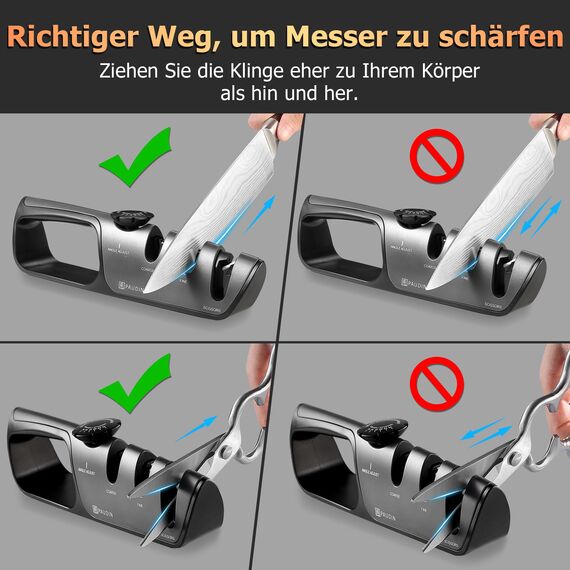 PAUDIN Messerschärfer, 3 stufiges manuelles professionelles Messerschärkungswerkzeug mit Griff, gezüchtete Messer und Schere, bequem zur Wiederherstellung und für stumpfe Klingen polieren
