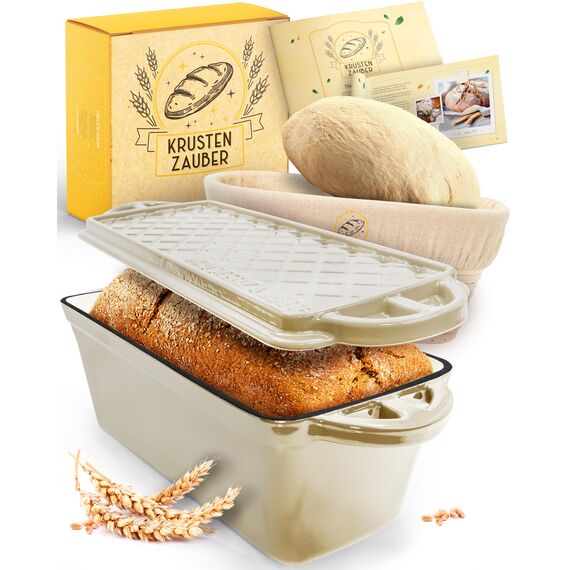 KRUSTENZAUBER Emaille Brotbackfrom mit Deckel inkl. Gärkorb - Robuste 28cm Backform aus Gusseisen - Ideal als Kastenform, Toastbrot Backform, Brotform, Gusseisen Topf Brot backen Zubehör, Brottopf