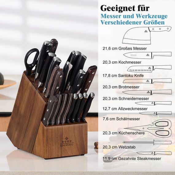 ENOKING Messerblock ohne Messer, 25 Schlitze Messerblöcke aus Akazienholz für die Küchenmessern, Hochwertiges Messerblock für Messer und Geflügelschere/Wetzstahl