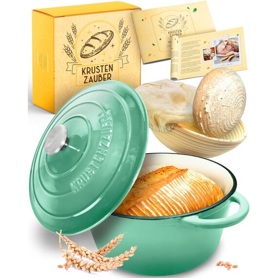 KRUSTENZAUBER Gusseisen Topf Brot backen emailliert inkl. Gärkorb - 26cm Emaille-Topf samt Zubehör - Ideal als Brotbacktopf, Brottopf, Brotbackform mit Deckel, Gusseisentopf Brotbacken, Schmortopf