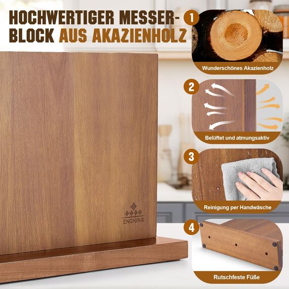 ENOKING Spitzenklasse Plus Messerblock Magnetisch Ohne Messer 38.6 x 23 cm, Doppelseitiger Magnet Messerhalter aus Akazienholz, Magnetischer Messerblock für Besteck-Display und Aufbewahrung