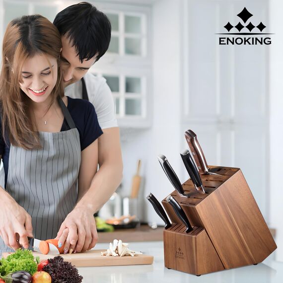 ENOKING Messerblock ohne Messer, 25 Schlitze Messerblöcke aus Akazienholz für die Küchenmessern, Hochwertiges Messerblock für Messer und Geflügelschere/Wetzstahl